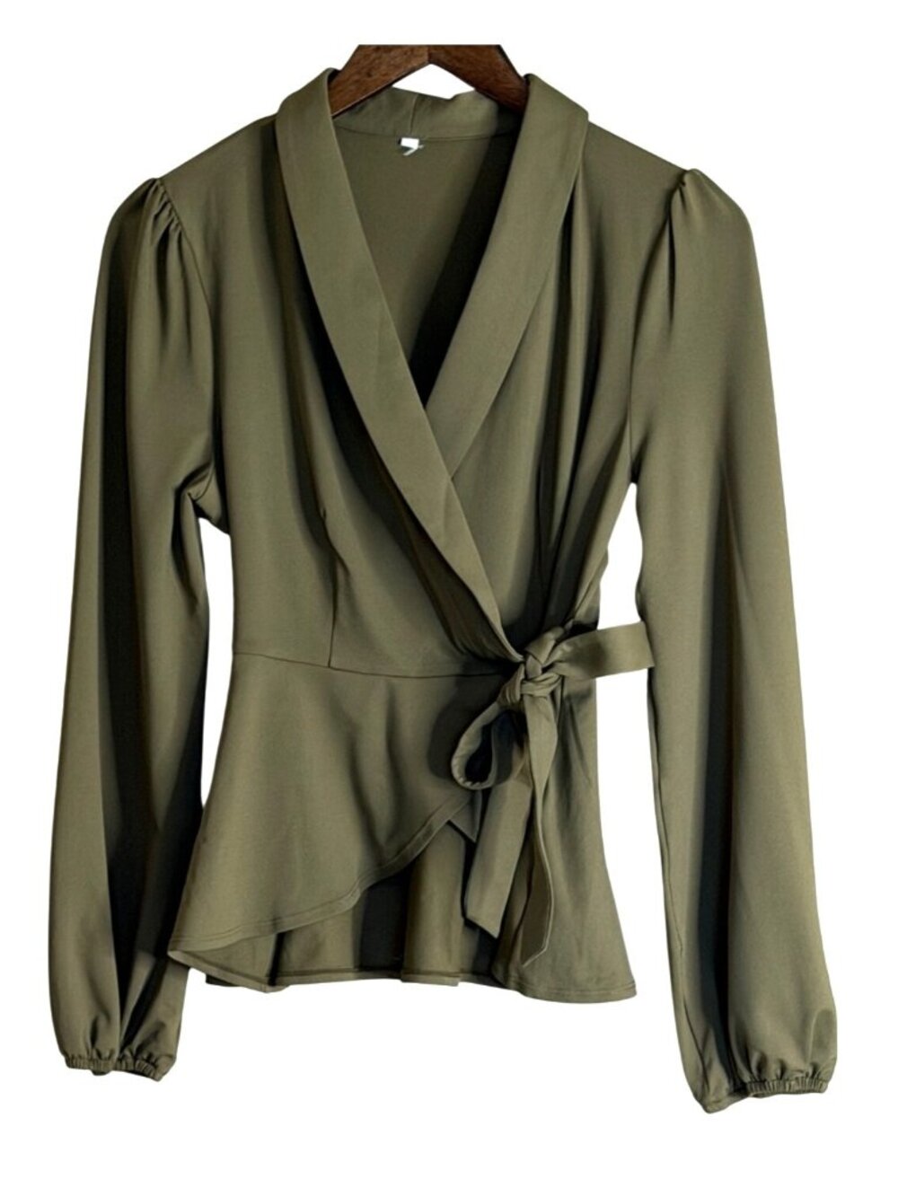 Halara Shawl Collar Work Blouse Wrapped Tie Side Ruffle Hem Green Size S NWOT